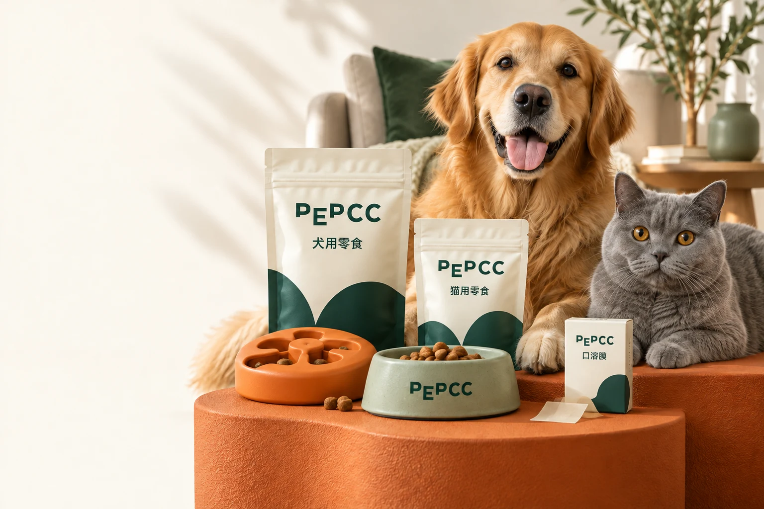 PEPCC golden retriever, cat and branded pet essentials